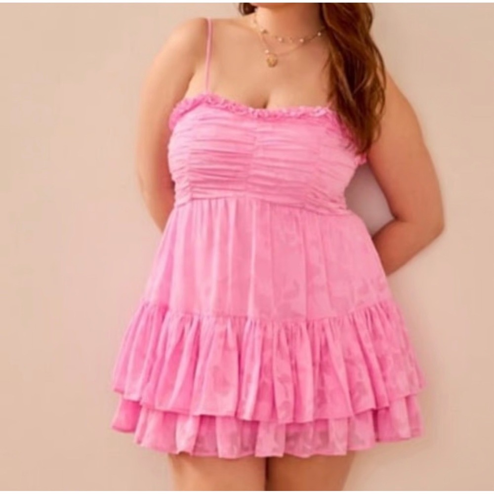 Arula‎ Pink Floral Jacquard Mini Dress Smocked Ruffle Barbiecore Size OX 10/12